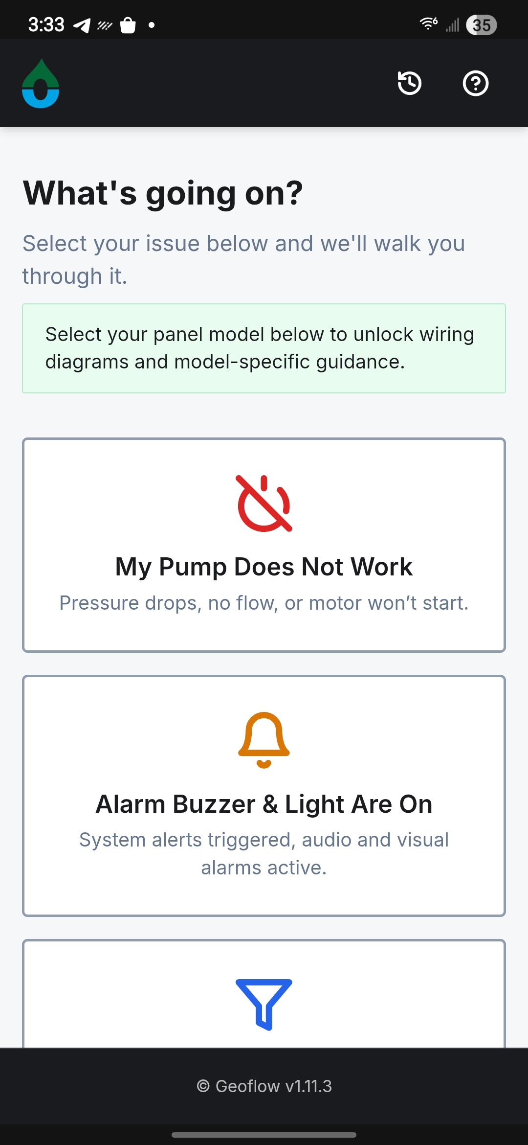 One Place diagnostic home screen